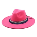 Close-up of bright fuchsia wool fedora with ethnic sequined band and blue fringe details - M (56-58cm) / Rose Red