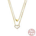 Collana a doppio strato S925 argento sterling dorato con ciondoli a cuore pieni e cavi - Argento 925 / Oro a Strati Cuore Strass