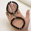 Bracelets magnétiques pour couples avec pierre volcanique de 8 mm et perles noires - Pierre de Lave & Pierre Brillante avec Cœur