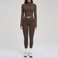 Set yoga marrone scuro con giacca a zip e leggings a vita alta per fitness e sport - S / caffè