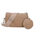Khaki gewebte Zylindertasche Set mit breitem Stoffgurt und mini rundem Anhänger - Khaki