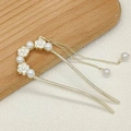 Épingle à cheveux en U dorée avec fleurs de camélia blanches, perles et glands - Épingle à Cheveux Cinq Camélias Blancs Perle Artificielle et Frange (45#)