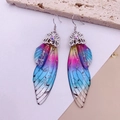 S925 silver hooks long drop butterfly cicada wing earrings with colorful gradients - Rainbow-Silver Foil