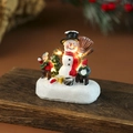 Detailweergave van LED gloeiend hars kersthuisje met sneeuwpop en feestelijke boom - Sneeuwpop & Kind