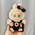 Labubu plush toy wearing dark brown corduroy overalls with cute dessert accessories - Ice Cream Cone Overalls Set / First And Second Generation Keychains Are Compatible With La Cloth Dolls. Dolls Not Included.