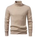 Detailed view of the khaki turtleneck sweater with thick vertical knit texture - Apricot