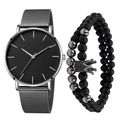 Minimalistische schwarze Uhr mit Mesh-Band, Set aus Totenkopf- und Kronen-Perlenarmbändern - Schwarzes Zifferblatt Silberne Zeiger Mit Armband