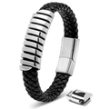 Men's black braided leather bracelet with silver stainless steel rings and magnetic clasp - Single Loop Wrap / Steel