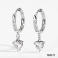 Dainty silver stainless steel hoop earrings with sparkling heart-shaped zirconia pendants - Heart Pendant (PD3075) / Silver