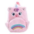 Close-up of soft pink plush unicorn backpack with glitter horn and rainbow embroidery - Rainbow Big Eyes Pink