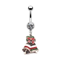 Christmas belly button ring with silver bells, red bow, and sparkling crystals - Double Bells (Style 1)