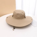 Detail of khaki wide brim sun hat with adjustable chin strap and metal air vents - M (56-58cm) / Beige