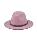 Top view of pink felt fedora hat featuring a chunky grey chain trim and flat brim design - Pink(06)