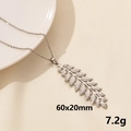 Silver stainless steel leaf pendant necklace on beige textured fabric display - S1104-Silver Color
