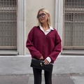 Oversized burgundy V-neck knit cardigan with tonal embroidery and button-down front - S / Burgundy