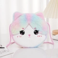 Rainbow gradient plush cat-shaped crossbody bag with embroidered kitten face and pink strap - Rainbow