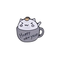 Macro detail of enamel cat brooch in a cup with Happy New Year text on white background - Happy New Year White Cat (C1958-4)