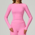 Nauwsluitende roze yoga-top met lange mouwen, duimgaten en een geplooide taille - S / rozenroze