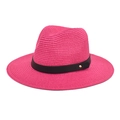 Close-up of pink straw fedora hat featuring spiral woven texture and black leather band - M(56-58cm) / Rose Red