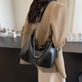 Large black leather hobo bag with silver chain detail and white stitching for women - Black