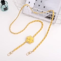 Close-up of yellow leather metal chain strap with pearl camellia flower and gold clasps - Crossbody Chain / Yellow