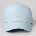 Close-up of heart embroidery details and cotton fabric texture on light blue baseball cap - One Size / Sky Blue