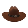 Dark brown wide-brim felt fedora hat with lion crest band in vintage western style - Coffee