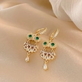 Golden owl hoop earrings with green emerald eyes and crystal droplets on silk - Gold E151 Owl Pendant