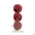 Three 8cm burgundy flocked Christmas ornaments with golden glitter patterns in clear box - 8cm / Burgundy Flocking Balls (3pcs)