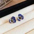 Vintage enamel pansy flower stud earrings with purple crystals on beige velvet stand - Pansy Gradient Rhinestone Silver Needle Style (37#)