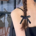 Elegant black ribbon hair tie for buns featuring a small silver heart charm accent - Small Hair Clip / Black