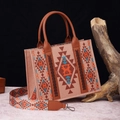 Detail of bohemian cotton linen tote with tribal print and brown leather handles - Small Brown + Apricot (Ethnic Style)