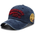 Berretto vintage blu scuro con ricamo rosso Discovery e toppa laterale ricamata - Regolabile / Blu