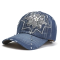 Blue denim baseball cap with rhinestone star and distressed brim for women - Adult Size (Adjustable) / Dark Coffee (Dark Blue Denim Rhinestone Star Style)