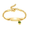 Gold stainless steel bracelet with custom curved nameplate and green birthstone charm - August-Gold-16cm