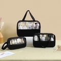 3-piece black transparent PVC travel cosmetic bag set with handle and macaron print - Black