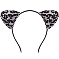Detail of sequined cat ear headband featuring shiny three-color leopard pattern for parties - Silver (Leopard Print)