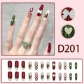 Press-on nail set D201 with long trapezoid shape in vintage red and green patterns - Vintage Red and Green Checkered Bow (D201)