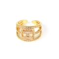 Close-up of gold-plated multi-layer open ring with square micro-pave zircons - Adjustable Open / Multi-layer Square Pavé Style(XJZ34)