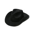 Macro shot of the black woven straw texture and curved brim of the classic cowboy hat - Black