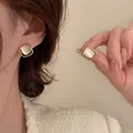 Minimalist S925 silver square stud earrings with gold frame and opal-like stones - Geometric Cat's Eye Earrings - A1655 Gold