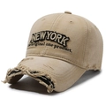 Vintage khaki denim baseball cap with 3D black New York embroidery and distressed details - Deep Beige