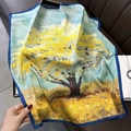 Silk-like square scarf featuring yellow trees and blue sky scenery with navy blue borders - 70*70cm / 30219-Yellow Tree Blue Sky