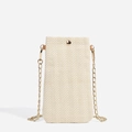 Women straw woven vertical phone crossbody bag with gold snap button and chain strap - Chain Style / White
