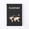 Detail of black PU leather passport holder with gold foil world map and airplane design - Black