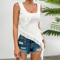 Chic white Y2K mesh tank top with asymmetrical ruffle details for a stylish summer look - S / White