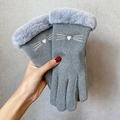 Gray suede winter gloves with faux fur trim and cute heart embroidery for women - One Size / Grey Cat Whiskers