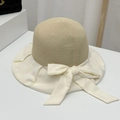 Cappello da sole estivo in paglia da donna con tesa larga e grande fiocco decorativo - S(54-56cm) / Bianco latte (Cappello di paglia con fiocco patchwork 29)