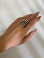 Detail of silver multi-layer hollow square geometric ring with a minimalist wide band - Steel Color / No. 9