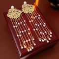 Detail of gold flower earrings with pearls and crystal tassels on a red velvet box - Auspicious Cloud Pearl Tassel Style / Gold